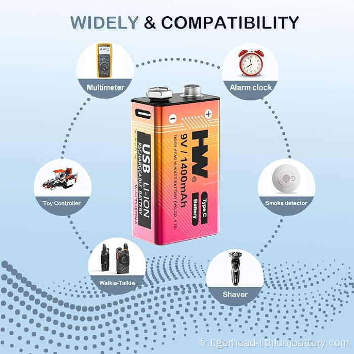 4 batteries au lithium rechargeables USB-C 9V 5180mWh